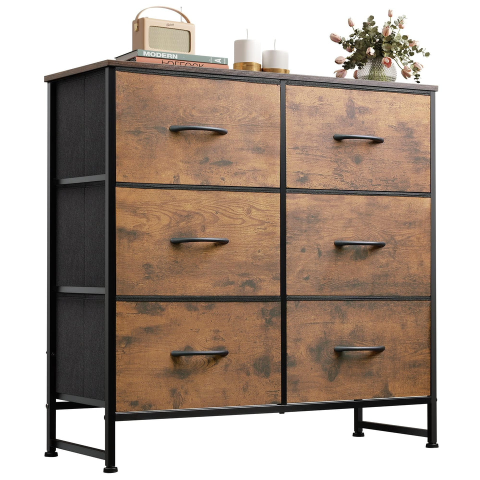 WLIVE dresser with six fabric drawers and wood top for organized storage.