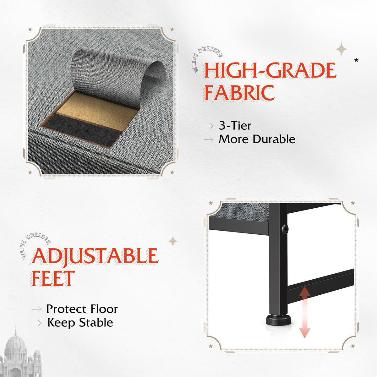 WLIVE dresser adjustable feet safeguard floors on uneven surfaces.