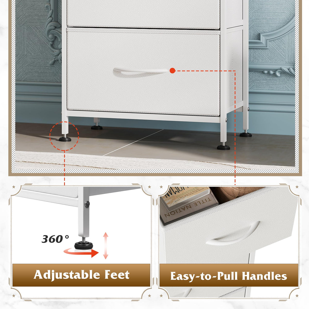 WLIVE dresser adjustable feet protect floors and prevent wobble.