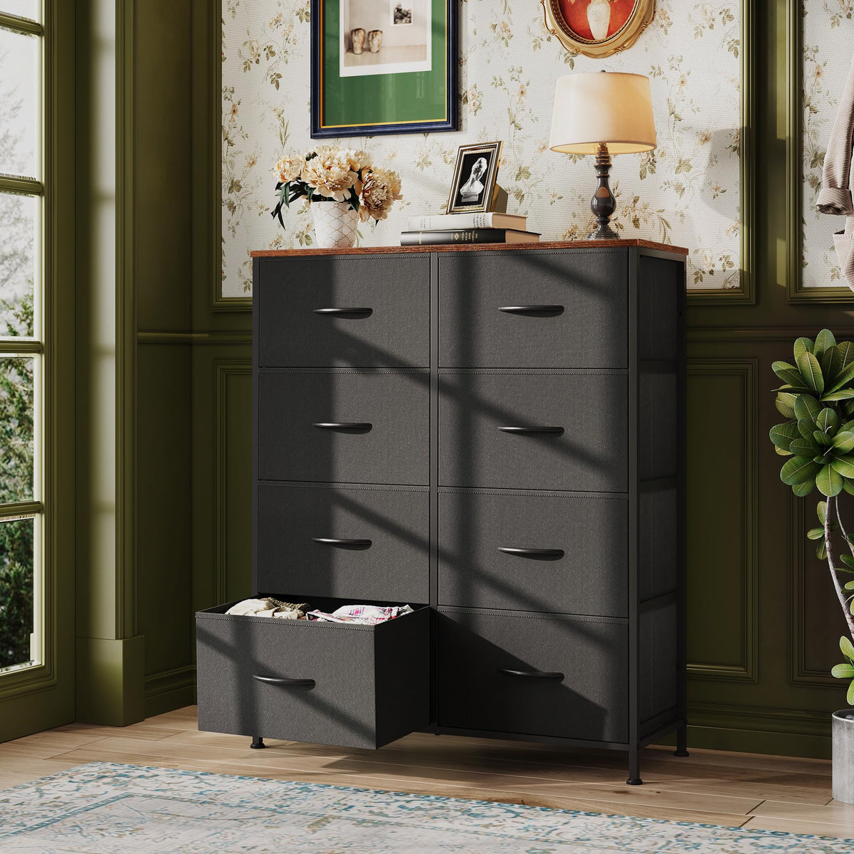 WLIVE dresser close-up highlights durable fabric bins and wood-top detail.
