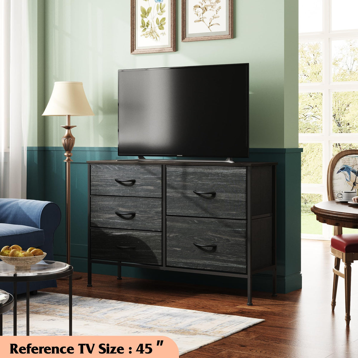 WLIVE dresser with wood top display area for lamp or photos.