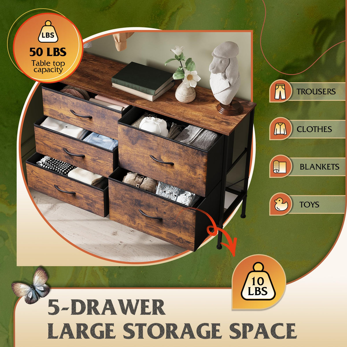 WLIVE dresser wood-top provides surface space for lamps and decor.