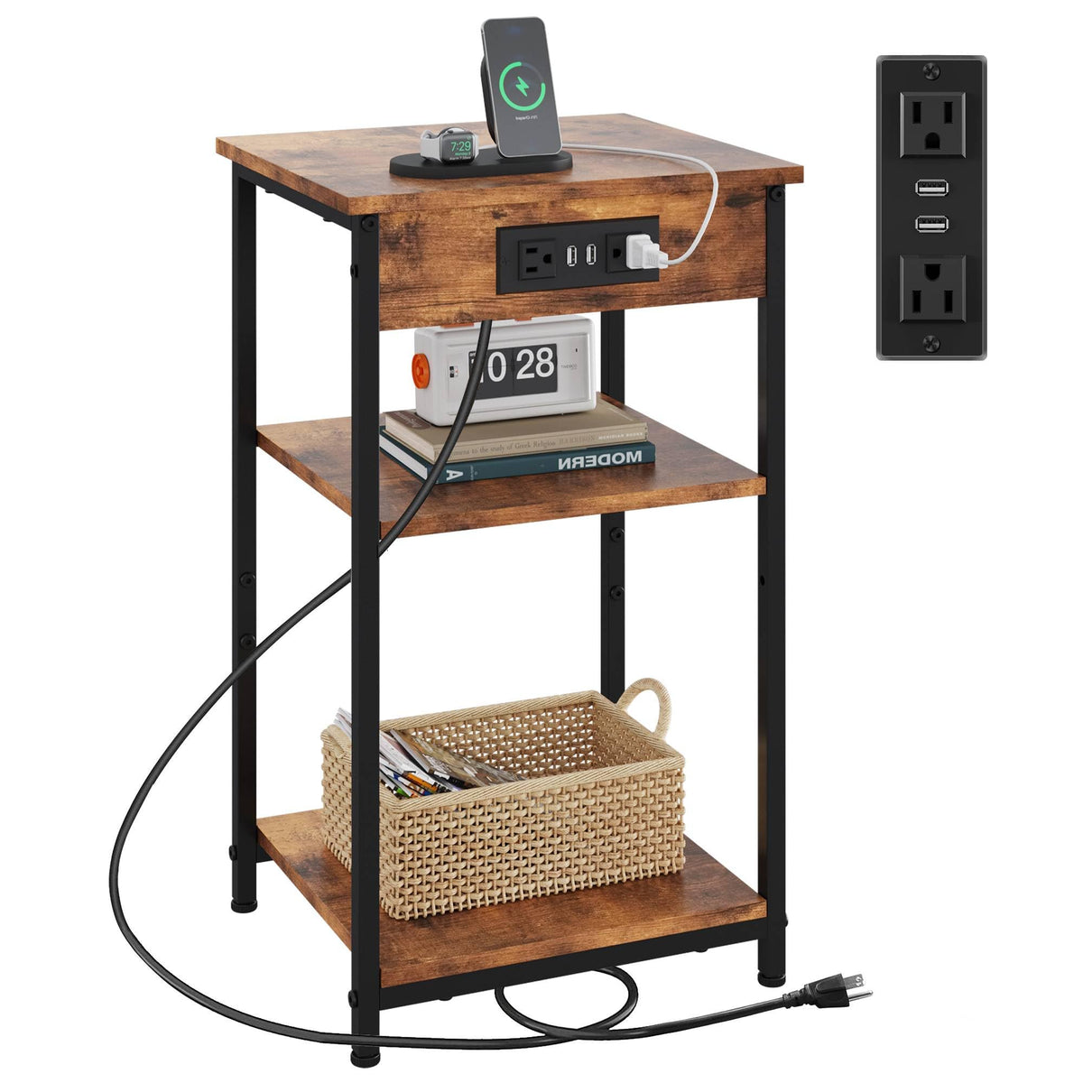 WLIVE end table charging station beside sofa in rustic brown for easy device charging