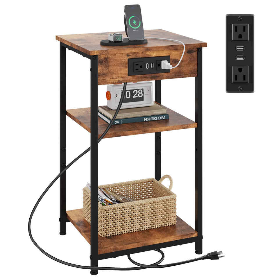 WLIVE end table charging station beside sofa in rustic brown for easy device charging