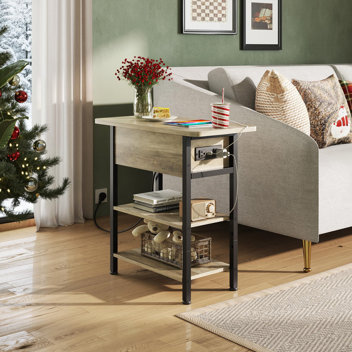 WLIVE end table left-side outlets minimize splash risk for devices