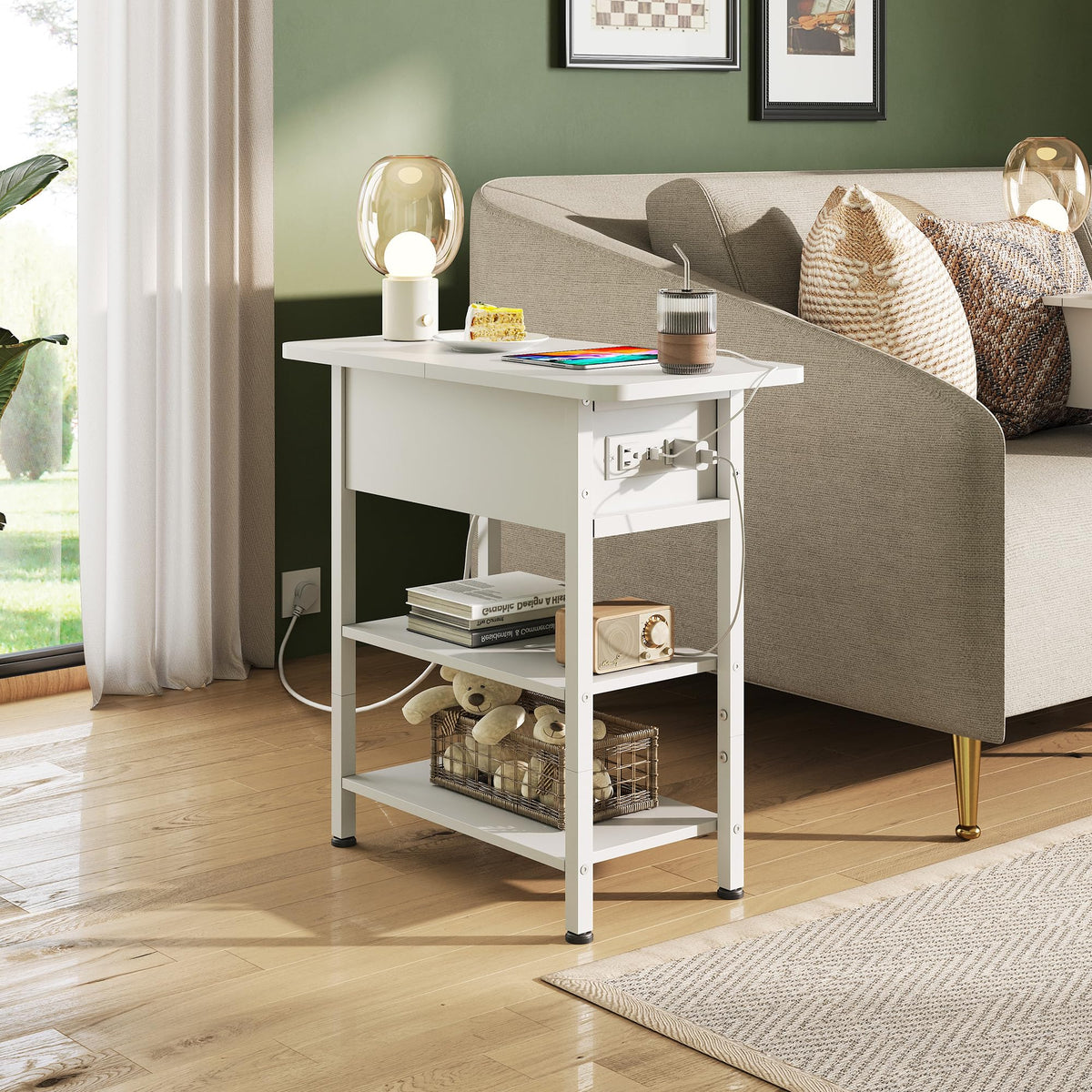 WLIVE end table left-side outlets offer safer, easy-access charging.