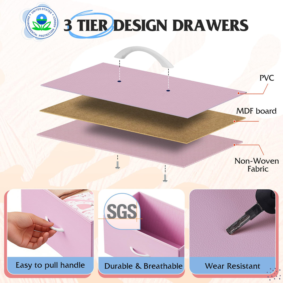Fabric bins on WLIVE dresser resist fading and stains