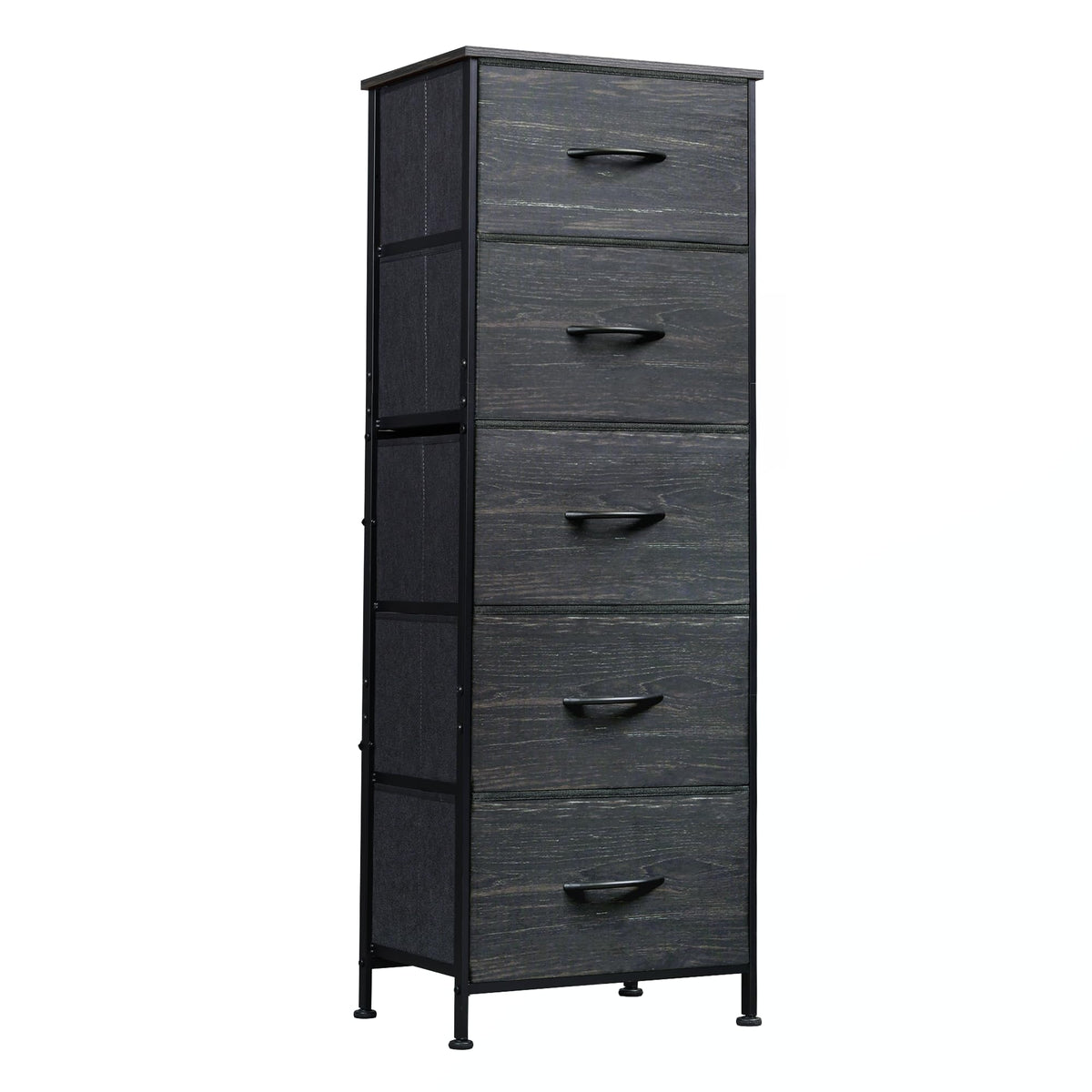 WLIVE fabric dresser front view shows five-drawer storage with a sturdy wood top.
