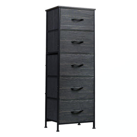WLIVE fabric dresser front view shows five-drawer storage with a sturdy wood top.