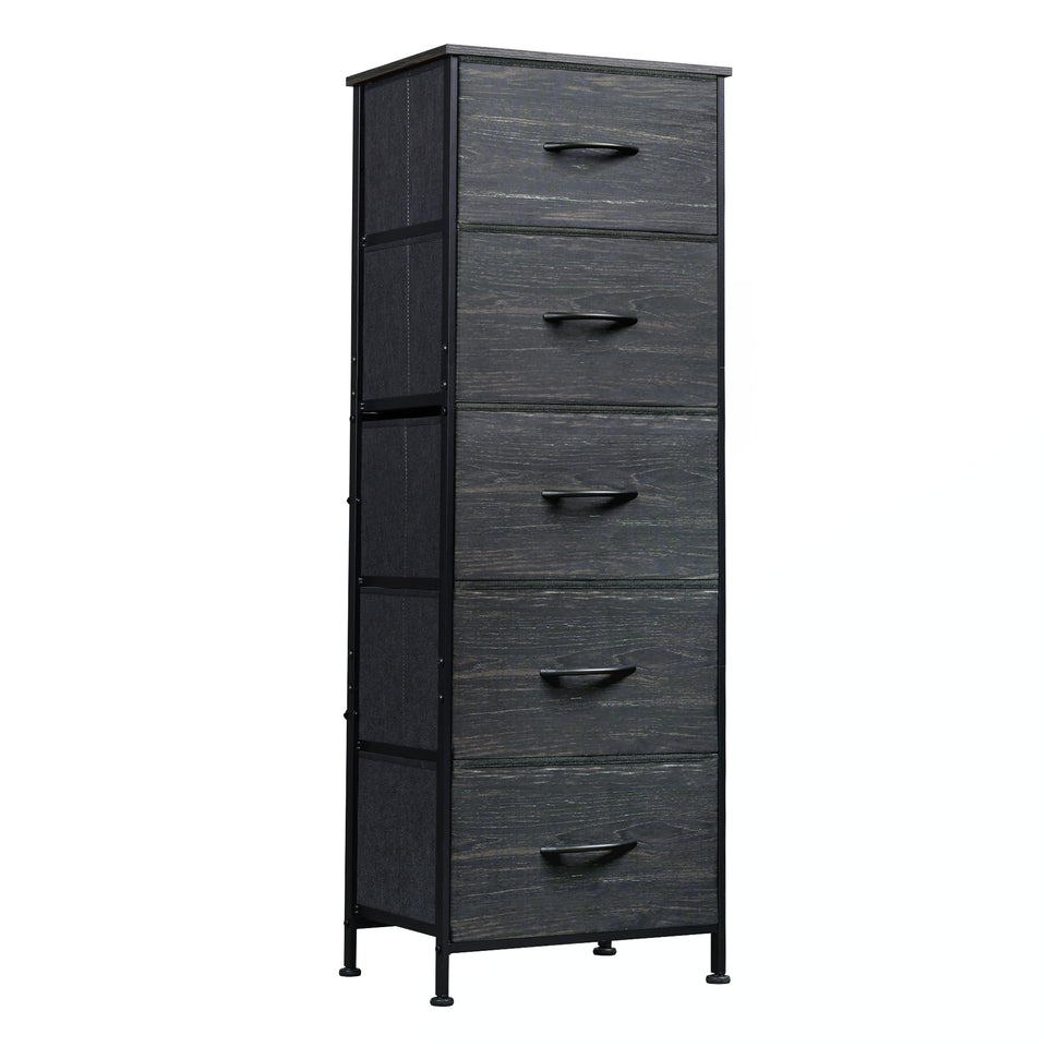 WLIVE fabric dresser front view shows five-drawer storage with a sturdy wood top.