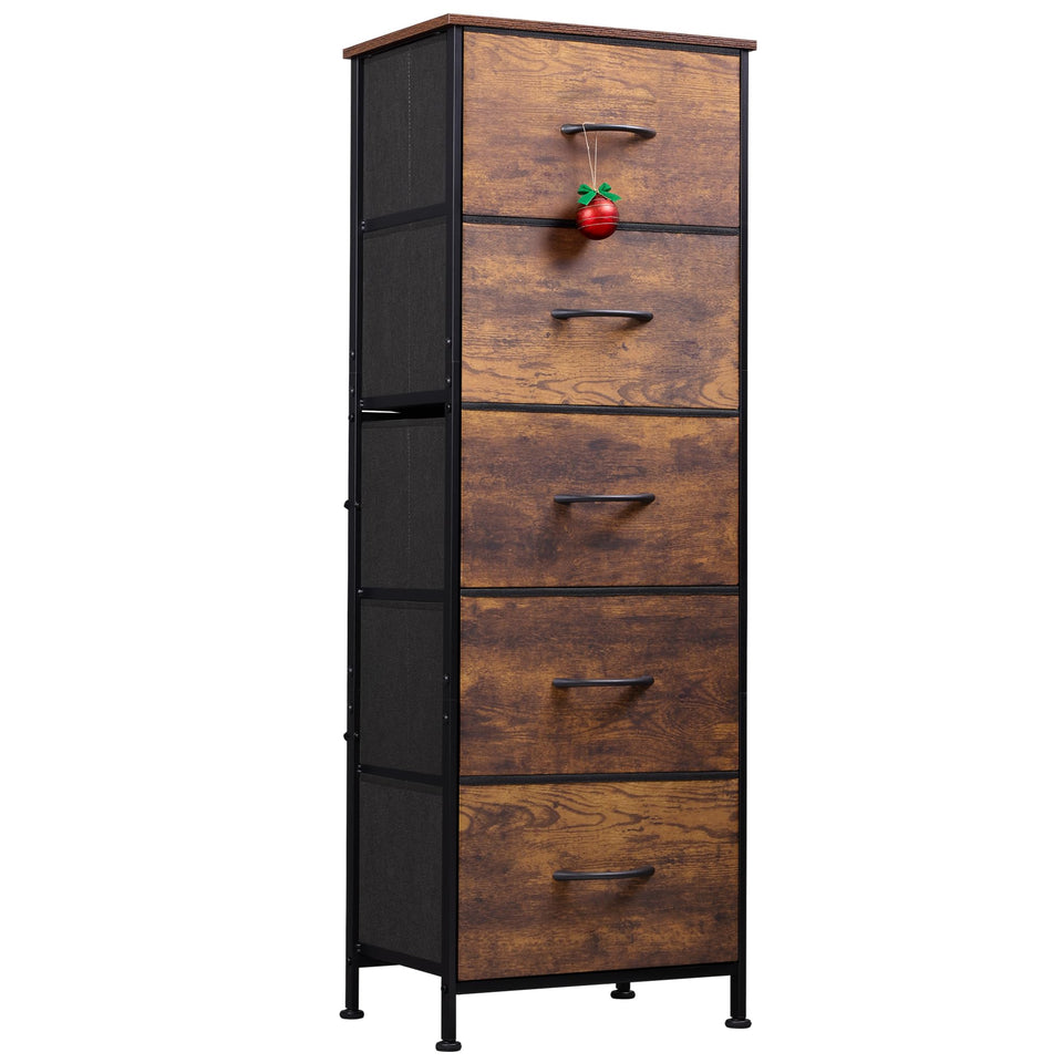 WLIVE fabric dresser 5-drawer tower with wood top keeps belongings organized.