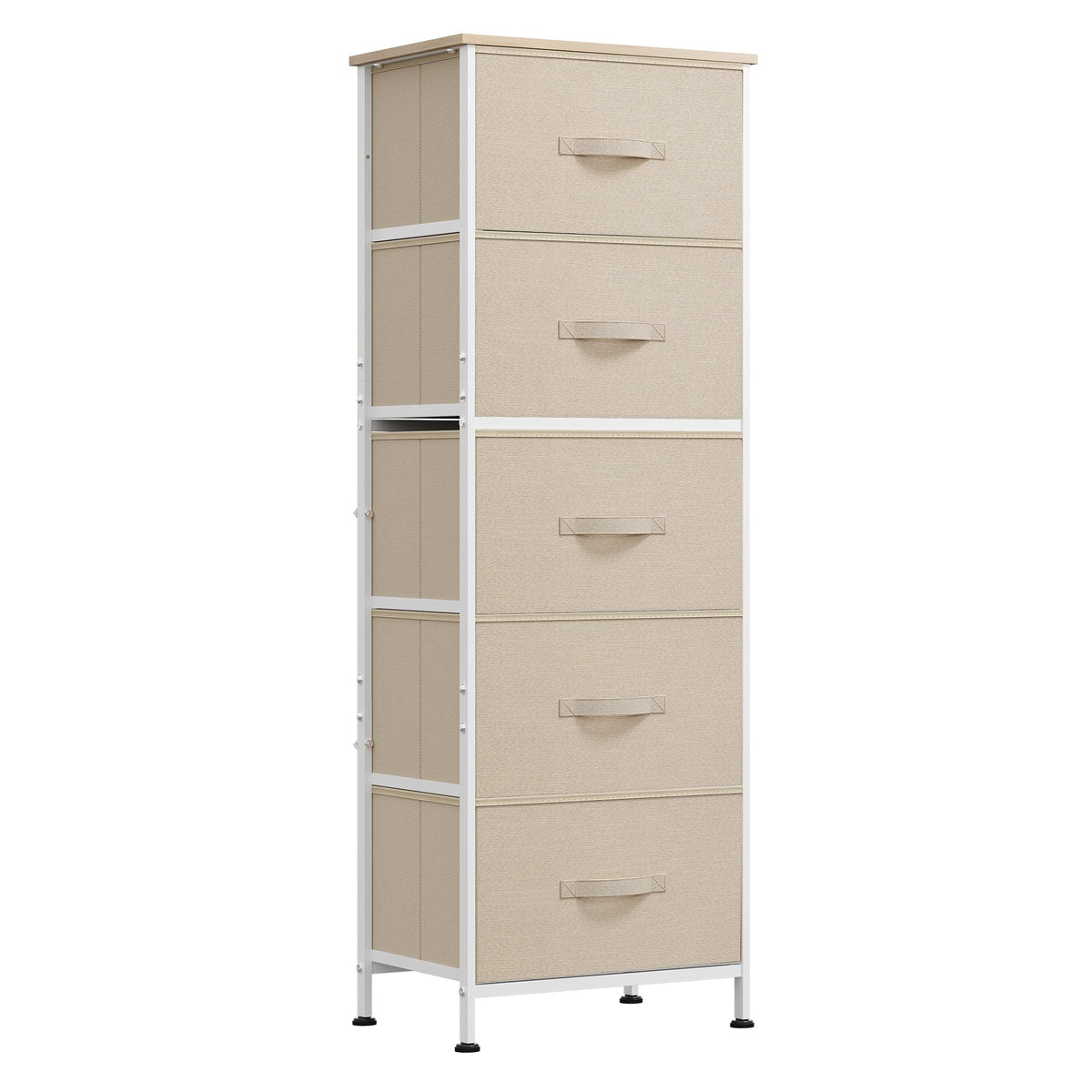 WLIVE fabric dresser with 5 drawers in cream white keeps clothing organized.