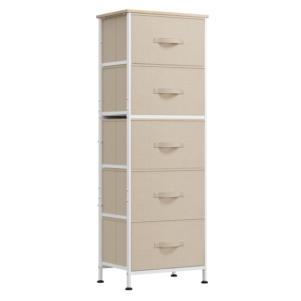 WLIVE fabric dresser with 5 drawers in cream white keeps clothing organized.