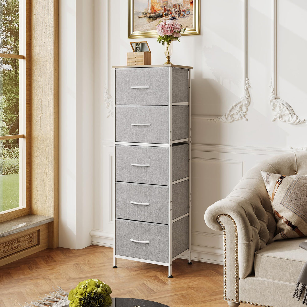 WLIVE 5-drawer tall dresser fits compact spaces while expanding wardrobe storage.