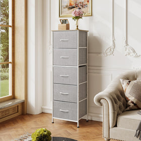 WLIVE 5-drawer tall dresser fits compact spaces while expanding wardrobe storage.