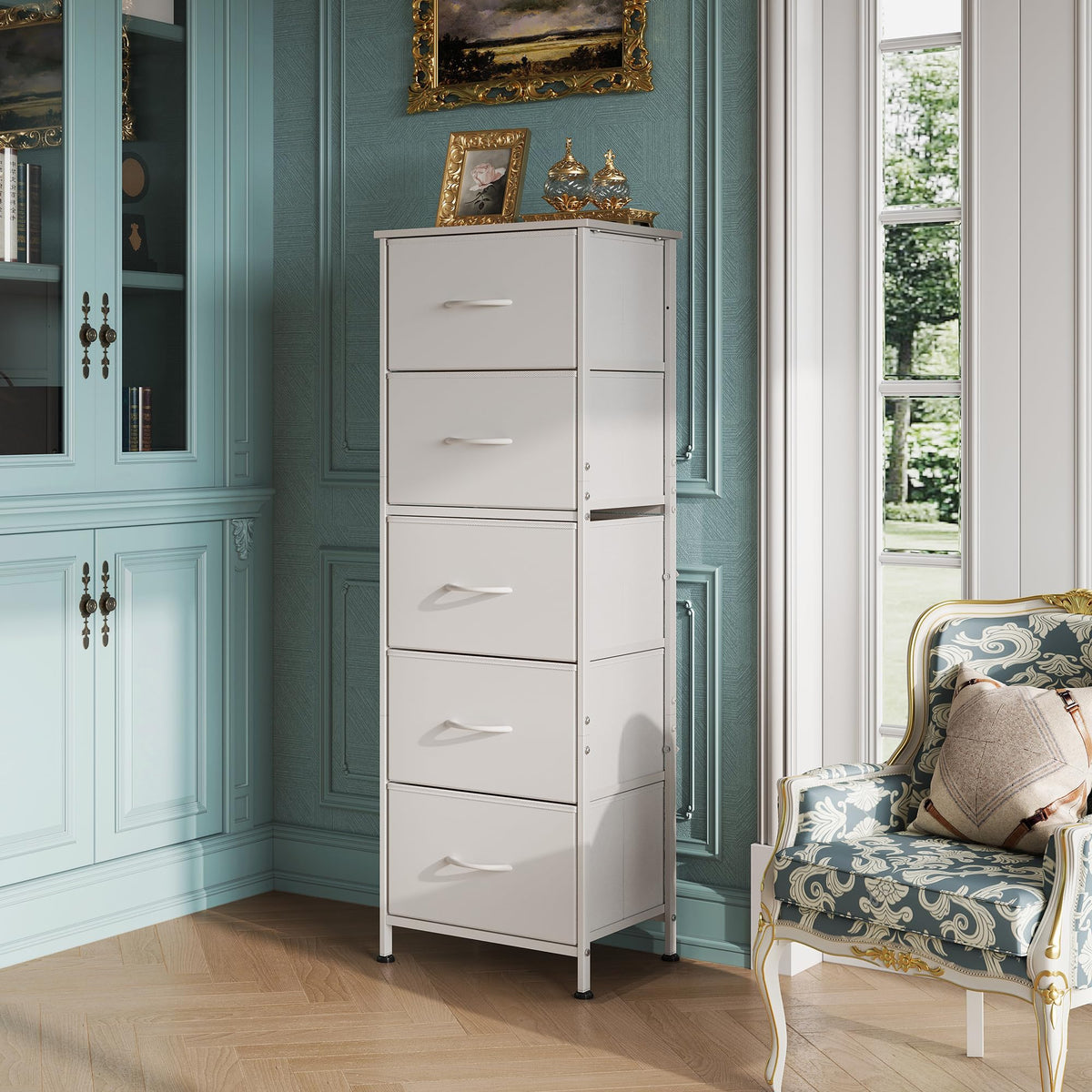 WLIVE fabric dresser with five drawers keeps clothing neatly organized