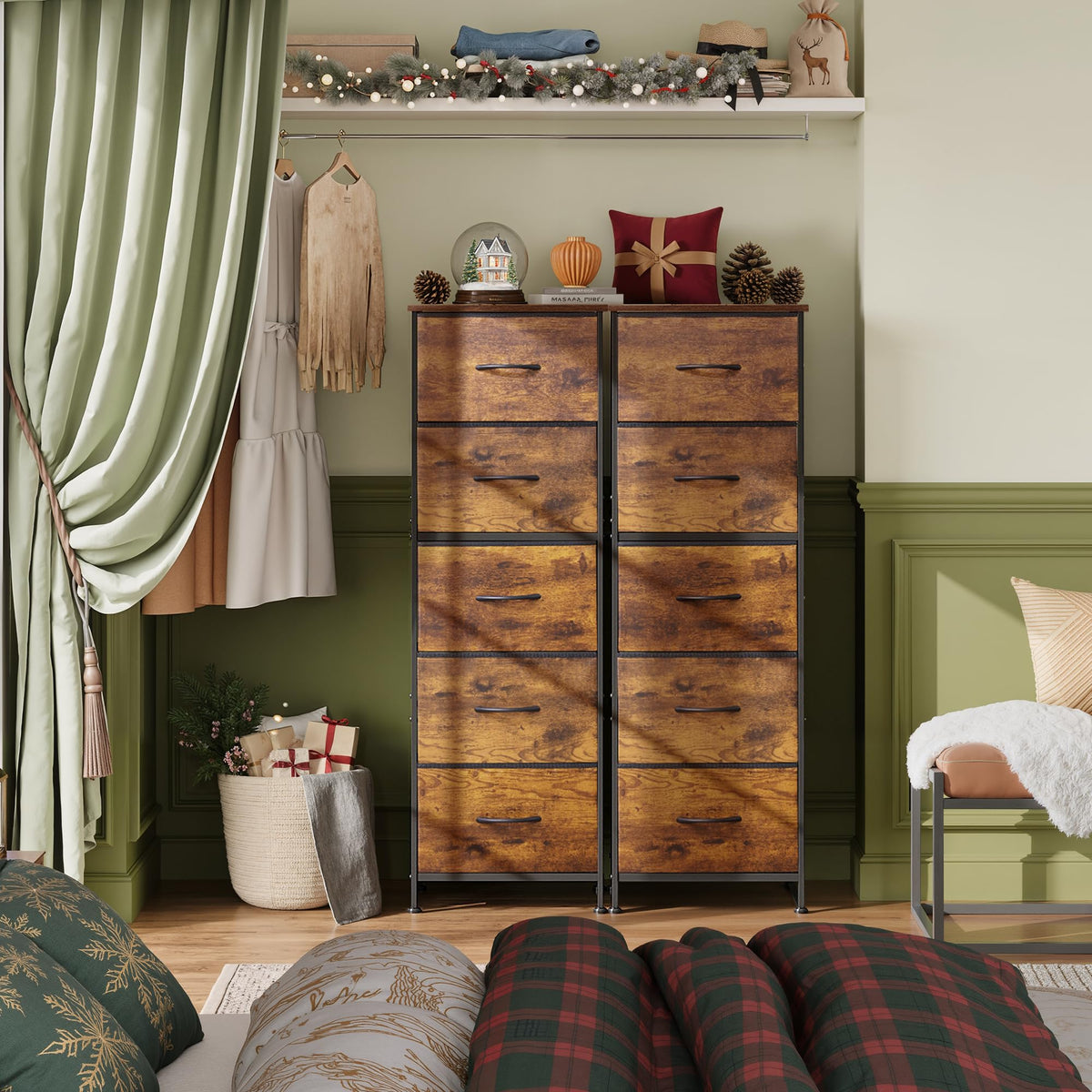WLIVE wood-top fabric dresser provides a sturdy surface for lamps and decor.