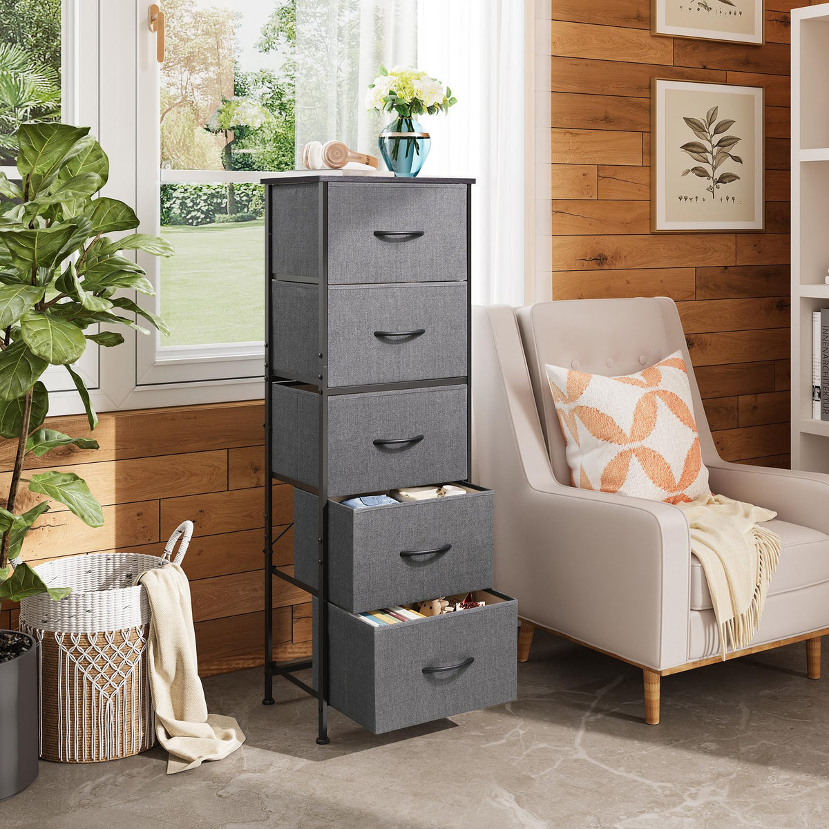 WLIVE five-drawer tall dresser with fabric bins for closet organization.