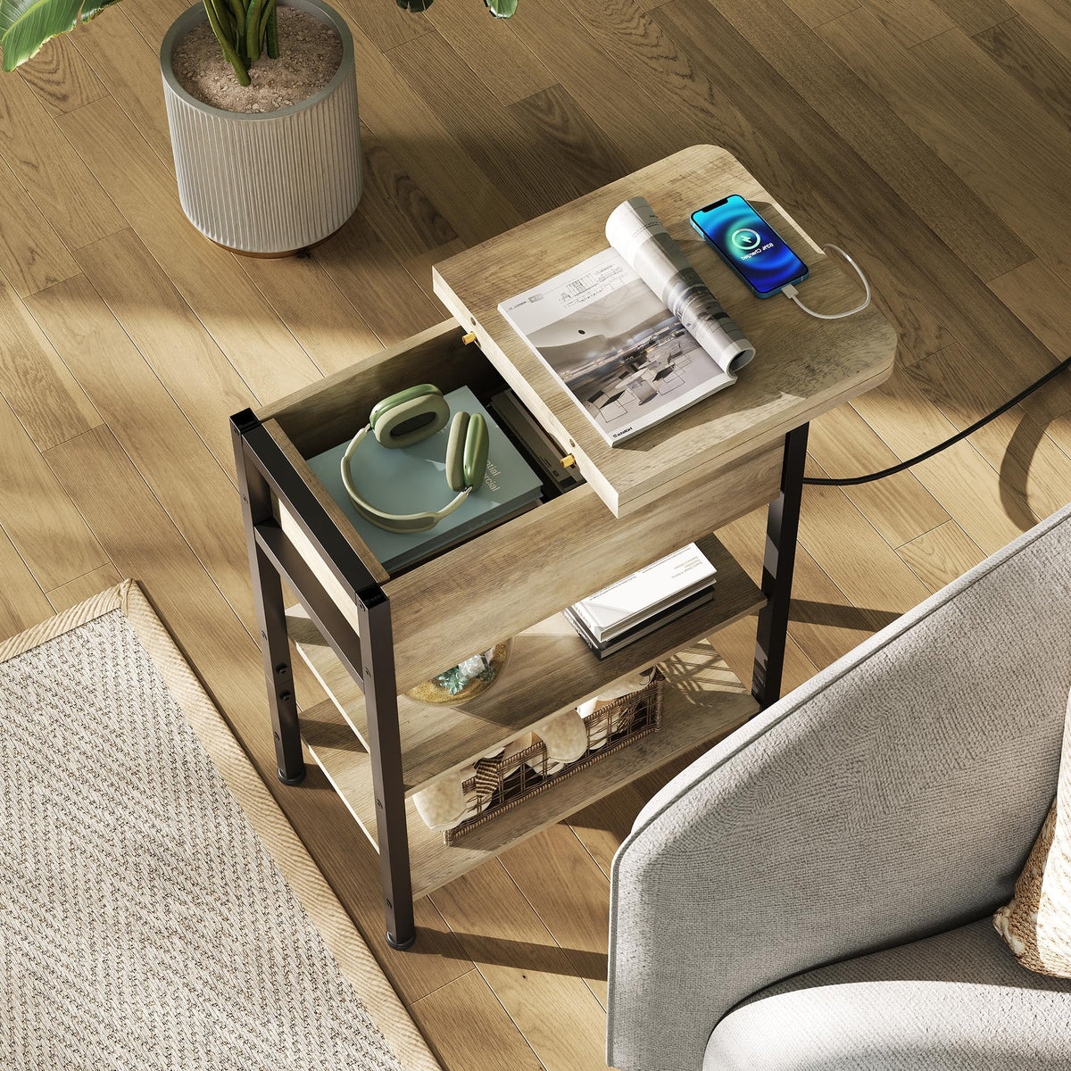 WLIVE narrow side table with flip-top drawer ready for magazines and remotes