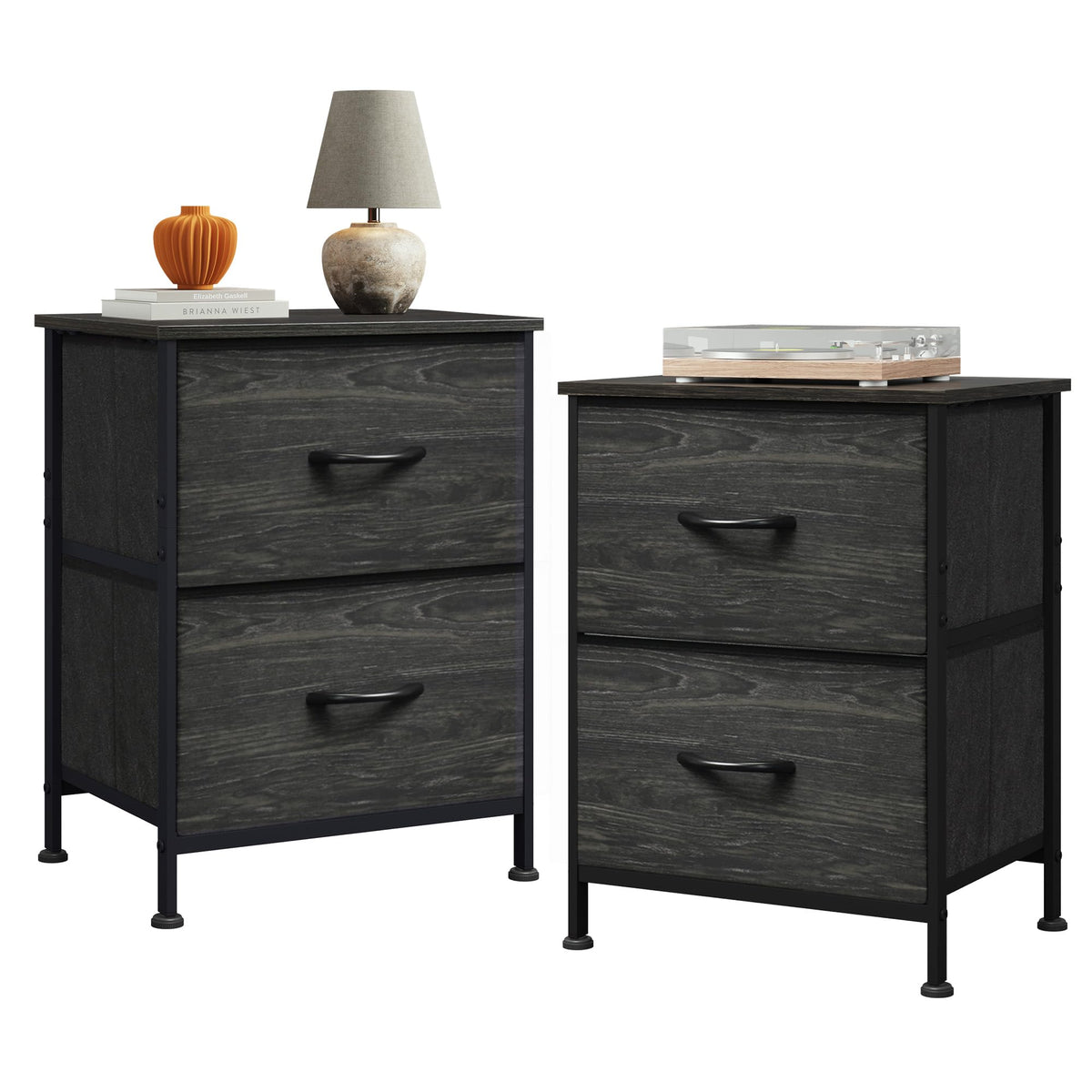 WLIVE night stand with two drawers and wood top for tidy bedside essentials.