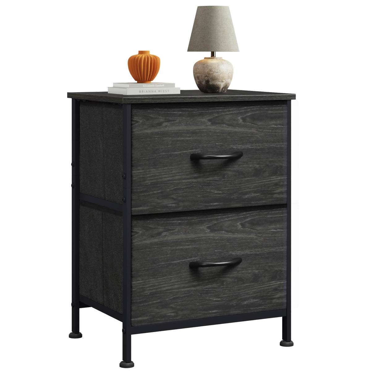 WLIVE Night Stand with charcoal wooden top provides a sturdy, spill-resistant bedside surface.