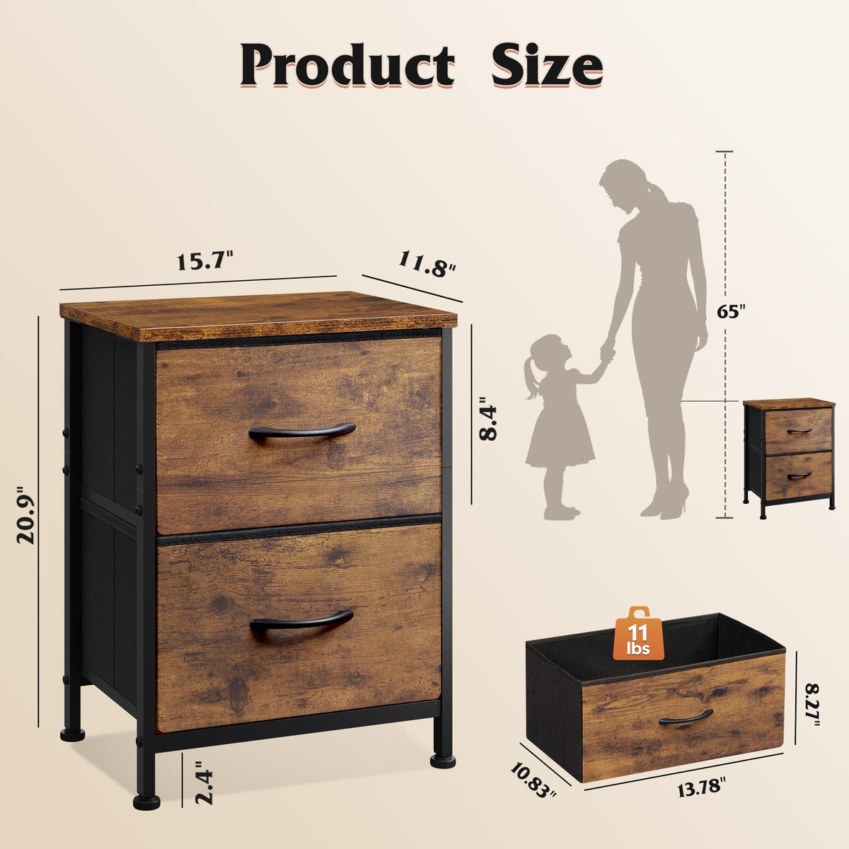 WLIVE night stand two fabric drawers keep bedtime essentials organized and within reach.