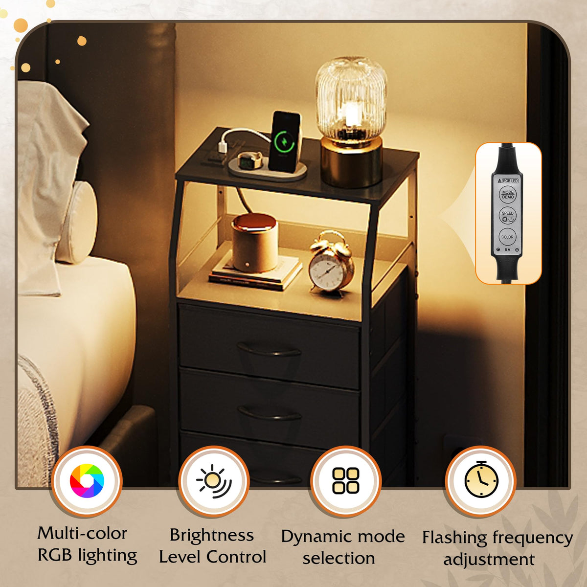 WLIVE night-stand open-shelves provide space for clocks and devices.
