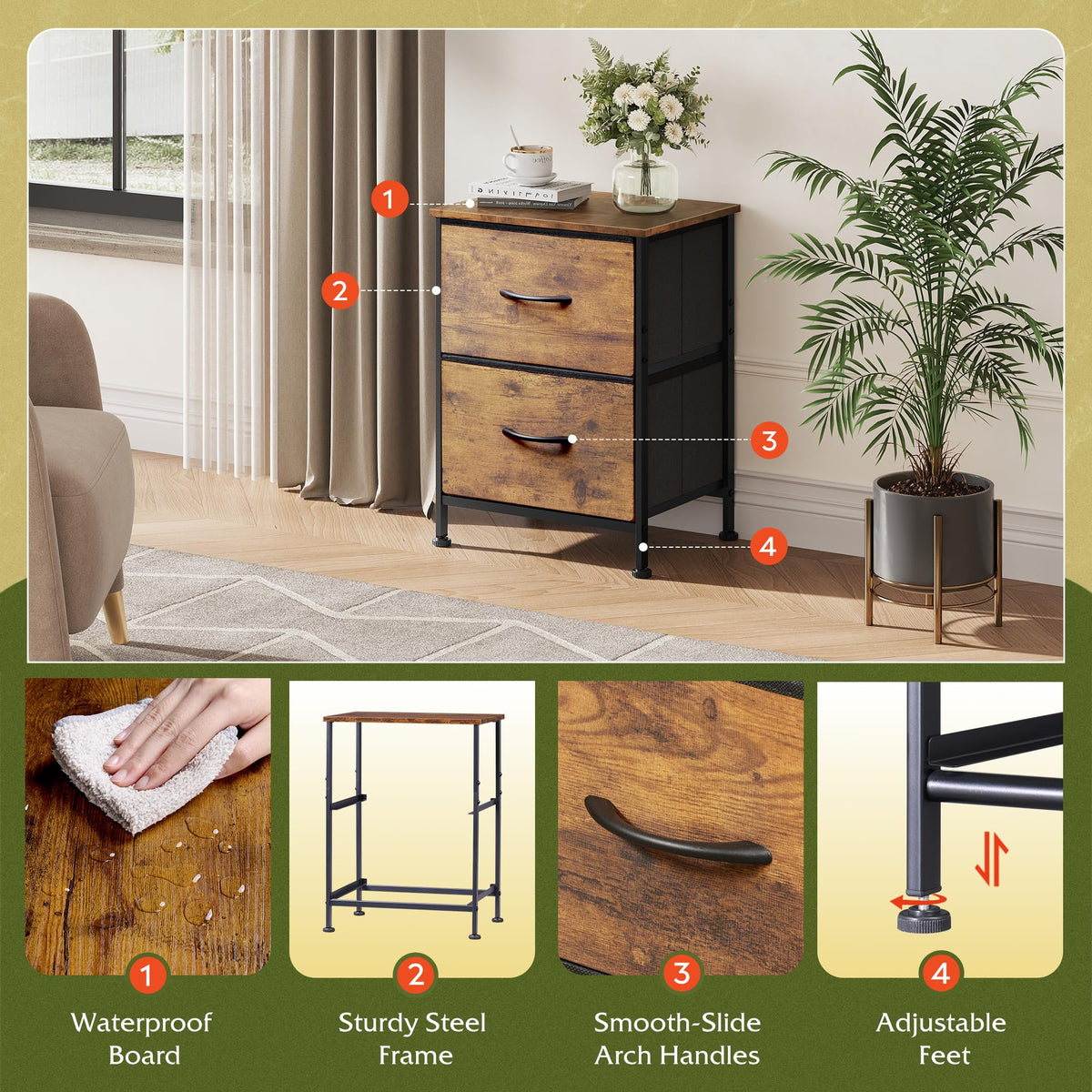 WLIVE nightstand adjustable feet prevent wobble on uneven floors.