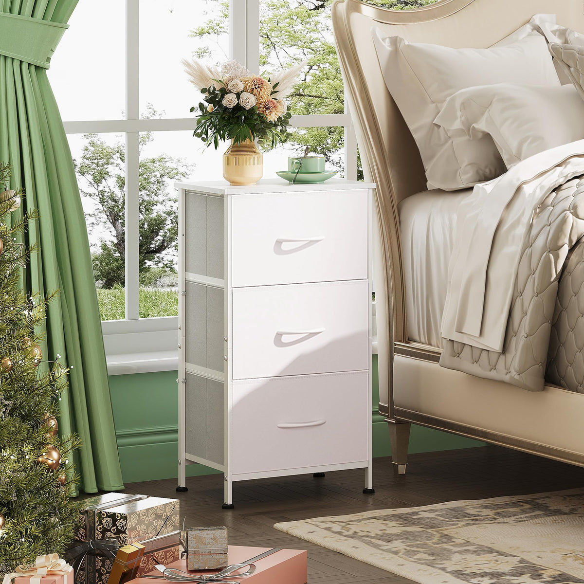 WLIVE nightstand in a bedroom setup showcasing versatile storage.
