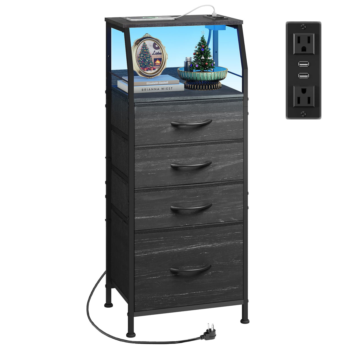 WLIVE nightstand with charging station and LED light for bedside charging.