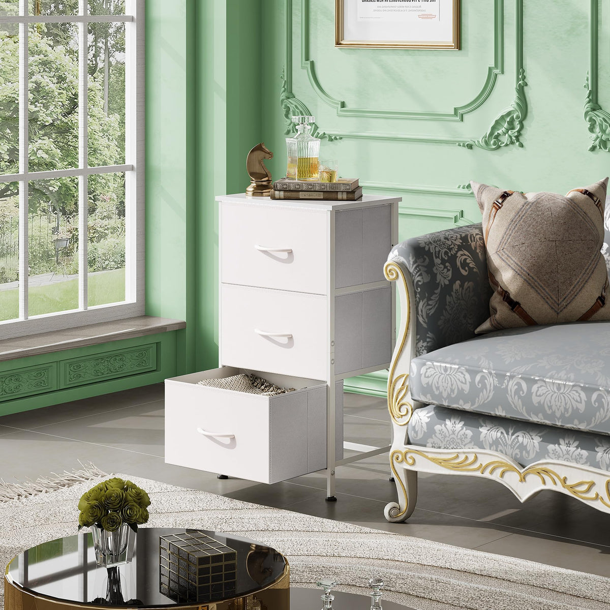 Close-up of WLIVE nightstand easy-pull handle for smooth access.