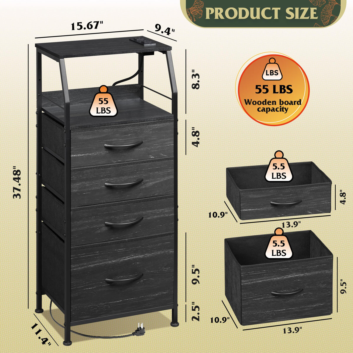 WLIVE tall nightstand with four fabric drawers for organized storage.