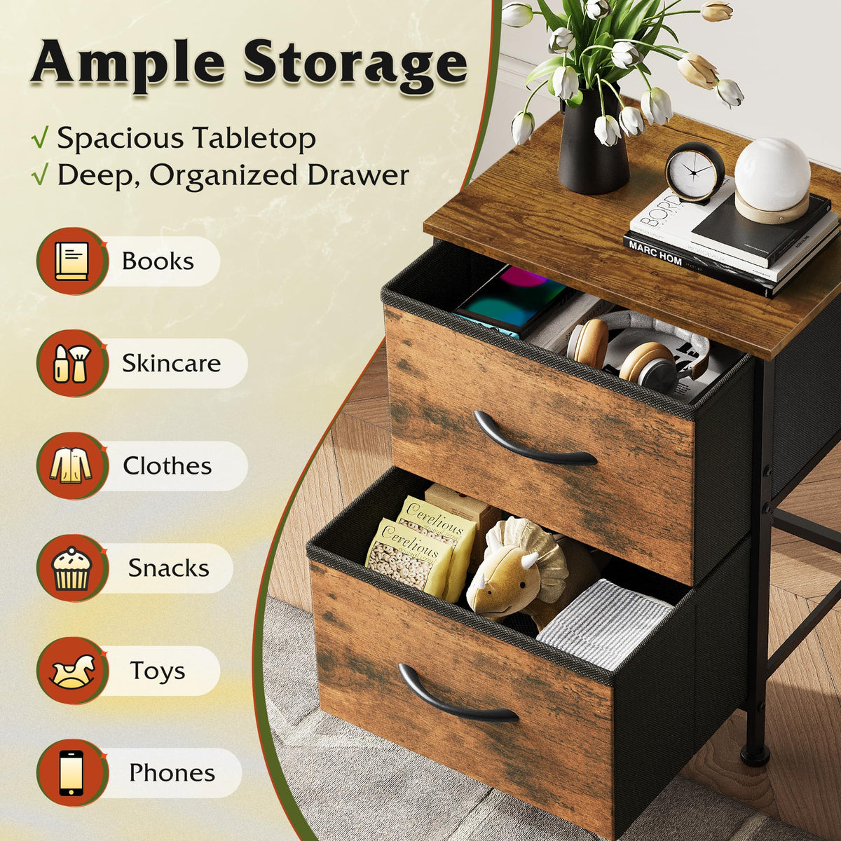WLIVE nightstand steel frame adds durability for daily use.