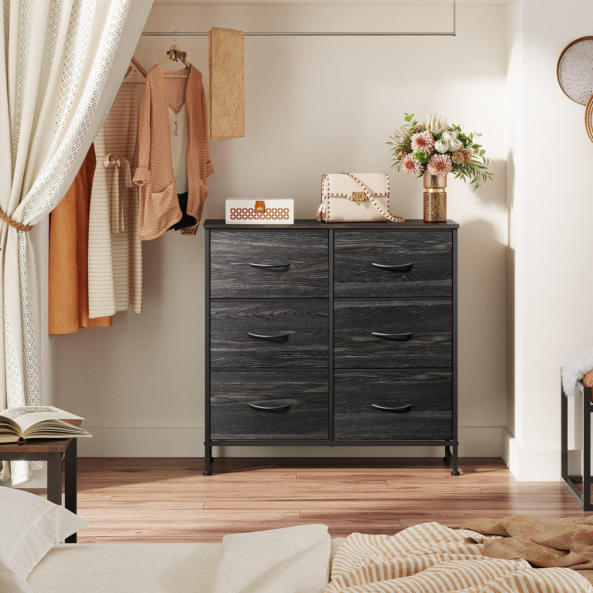 WLIVE storage tower features a wood top and sturdy steel frame.