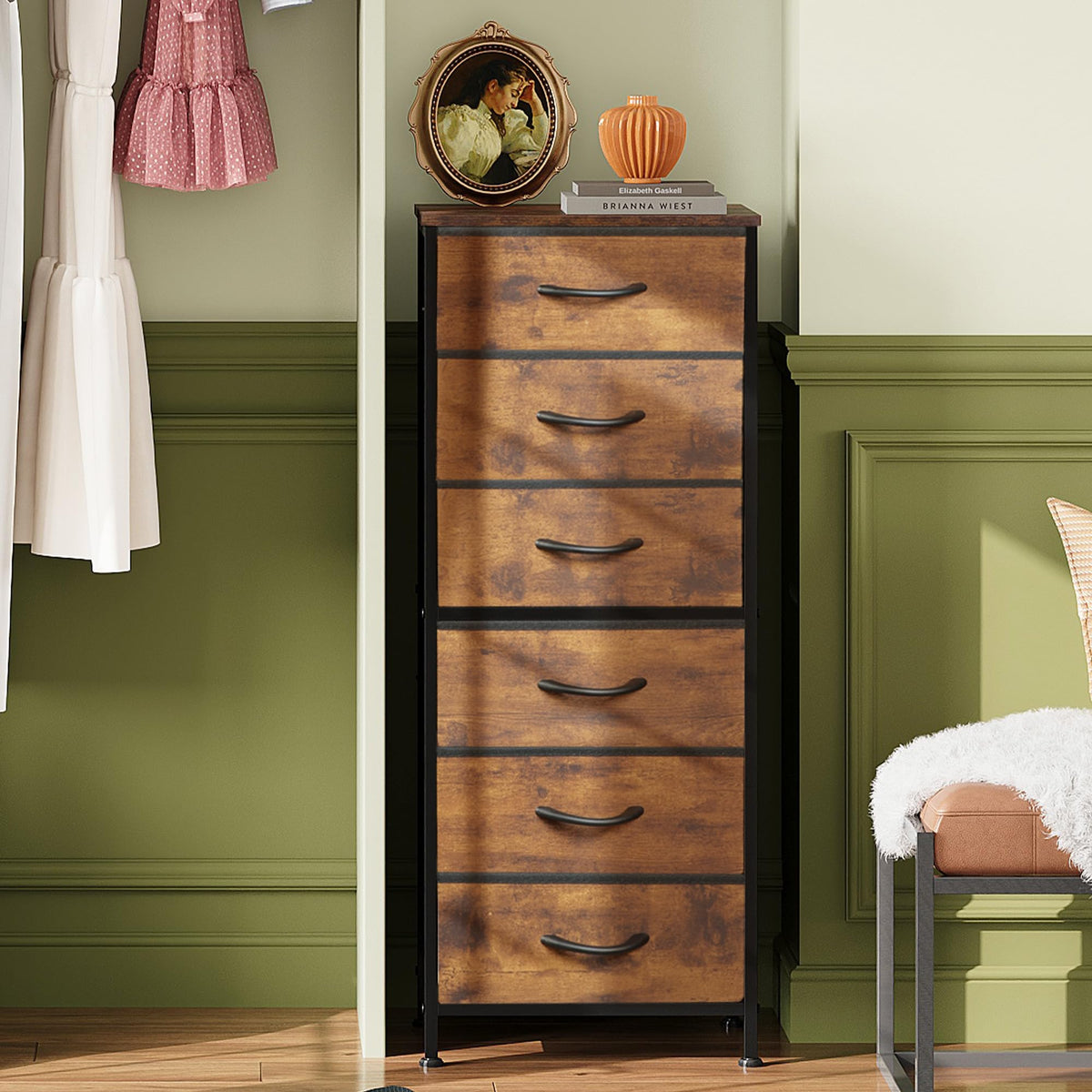 WLIVE tall dresser drawer close-up with smooth glide and curved handles