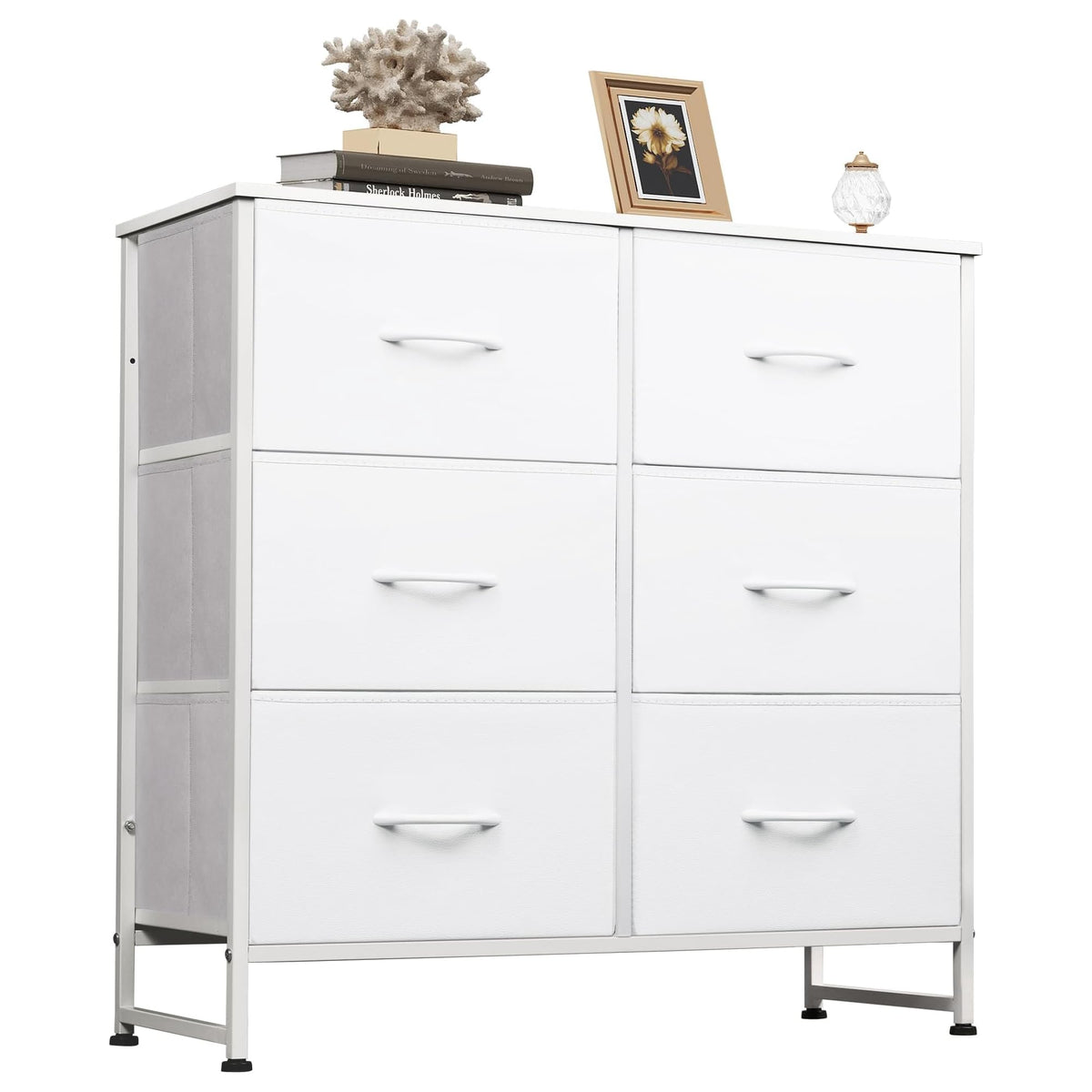WLIVE white dresser with six fabric drawers and a steel frame for durable storage.