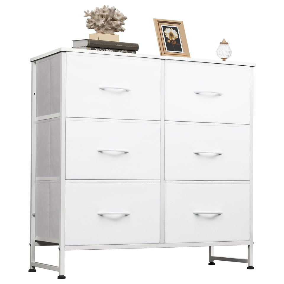 WLIVE white dresser with six fabric drawers and a steel frame for durable storage.