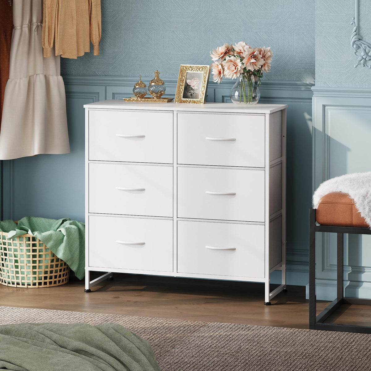 WLIVE white dresser wood top provides stable surface for decor.