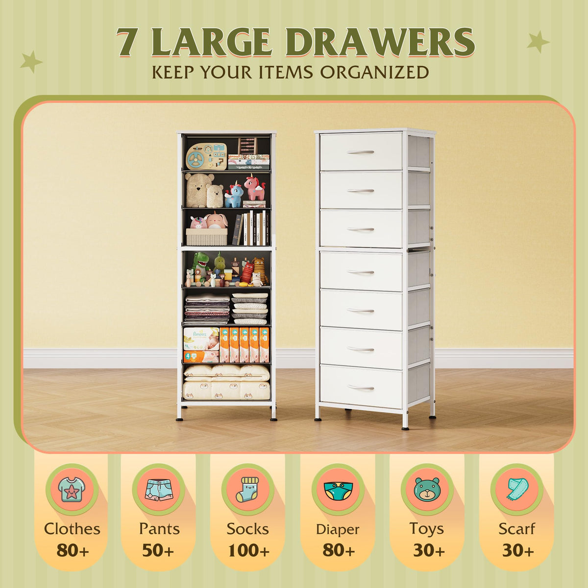WLIVE White Tall Dresser fabric drawer detail with breathable fabric