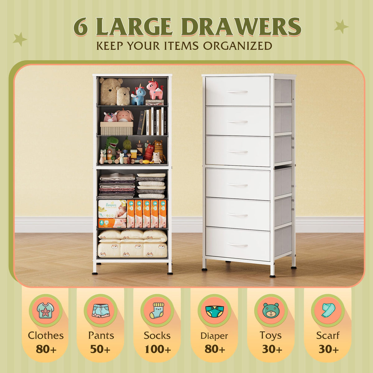 WLIVE White Tall Dresser wood top used as a display area for decor