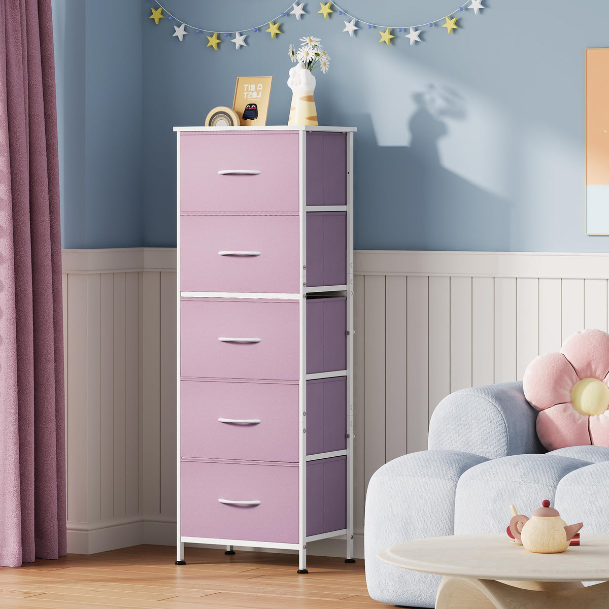 Wood-top WLIVE dresser provides sturdy surface for lamp or decor