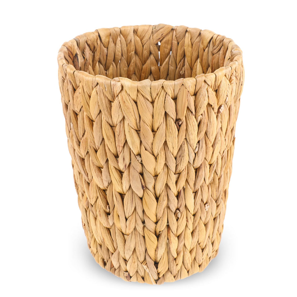 WLLHYF wicker waste basket with handwoven texture, perfect for small bathroom spaces.
