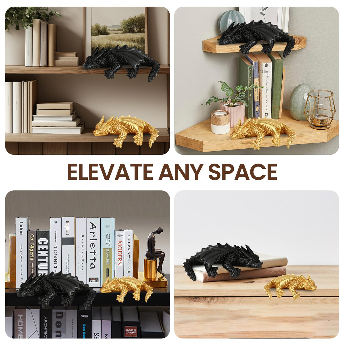 Dark academia decor with matte black and gold dragons on a desk setup.
