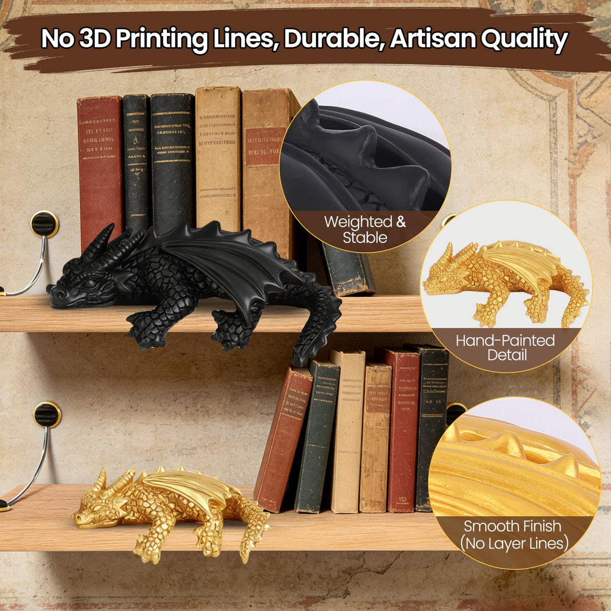 Wnsamodyy Sun Gold Dragon perched on a shelf enhances literary ambiance.