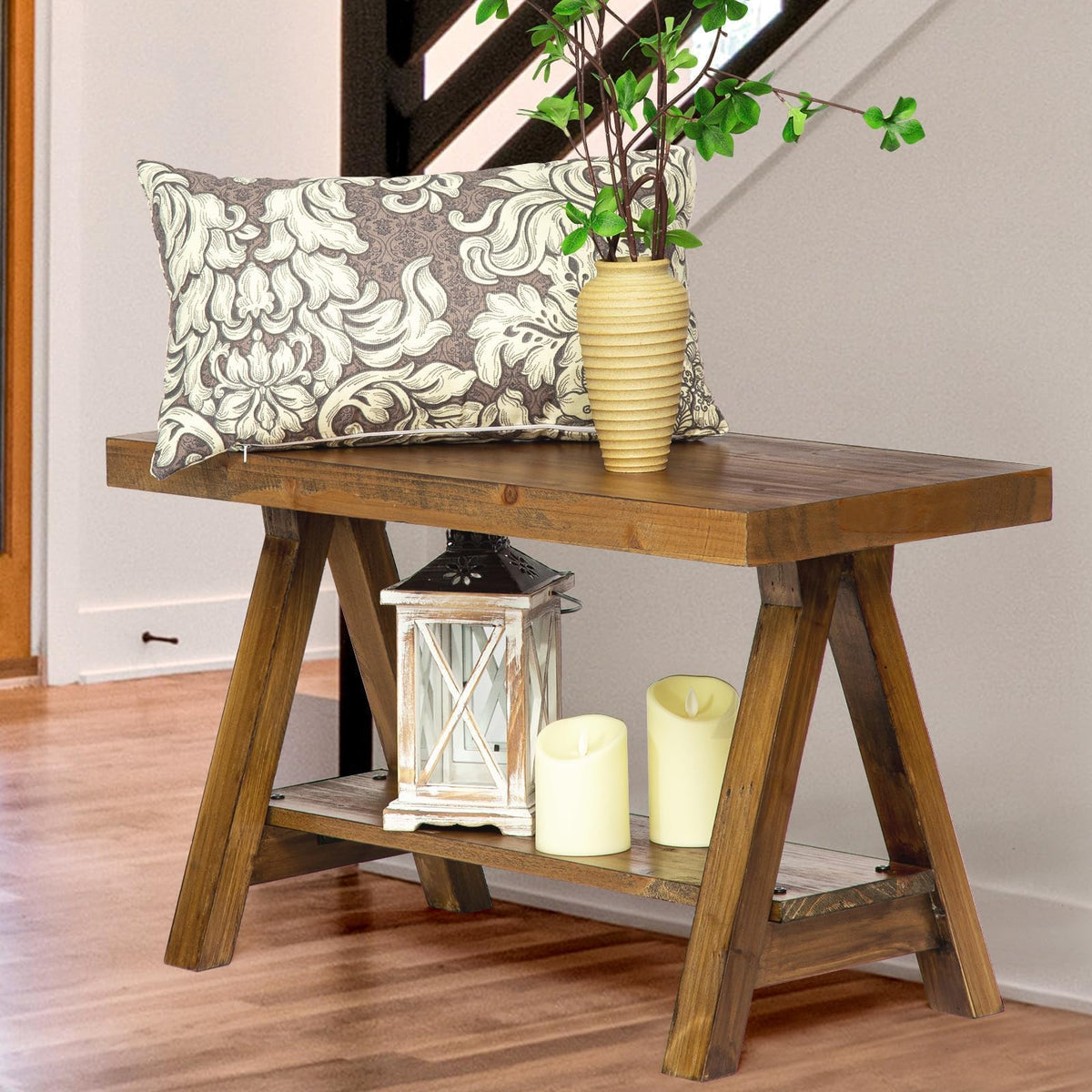 Wnutrees Farmhouse Wood Bench front view for versatile entryway seating.