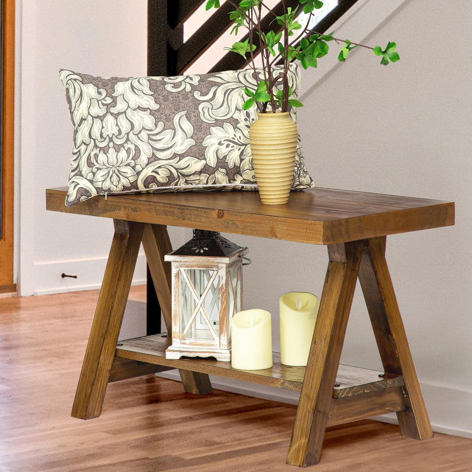 Wnutrees Farmhouse Wood Bench front view for versatile entryway seating.