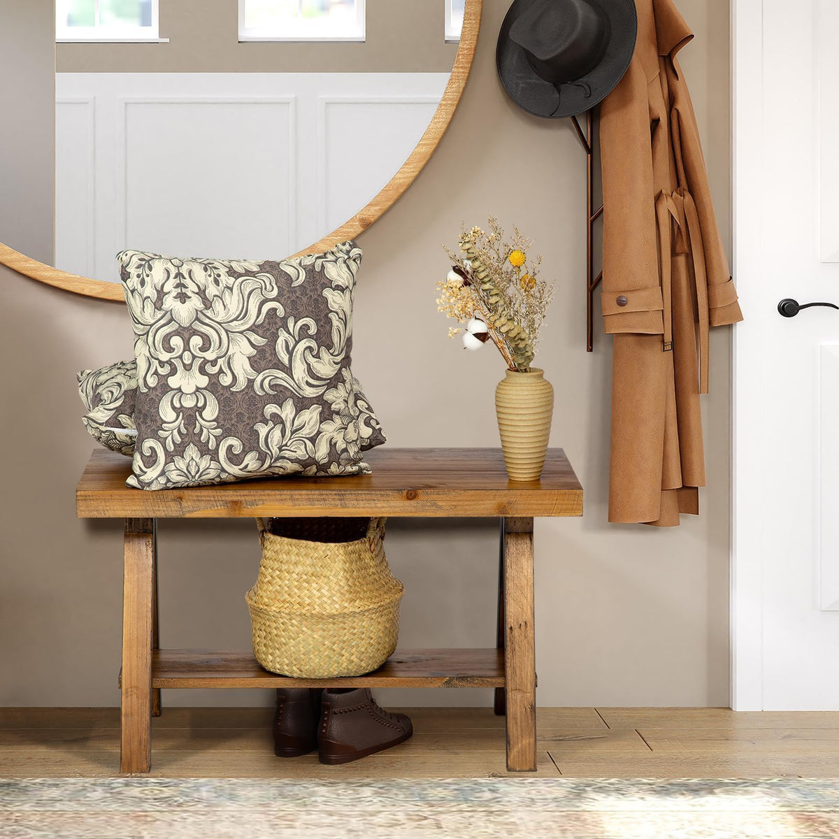 Wnutrees Farmhouse Wood Bench side view highlights solid wood durability.