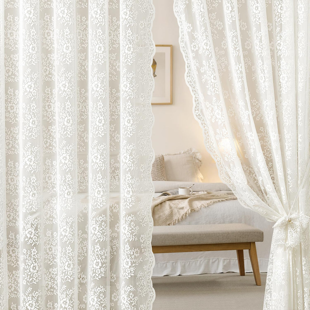 Woaboy lace curtains diffuse daylight for gentle illumination and privacy.