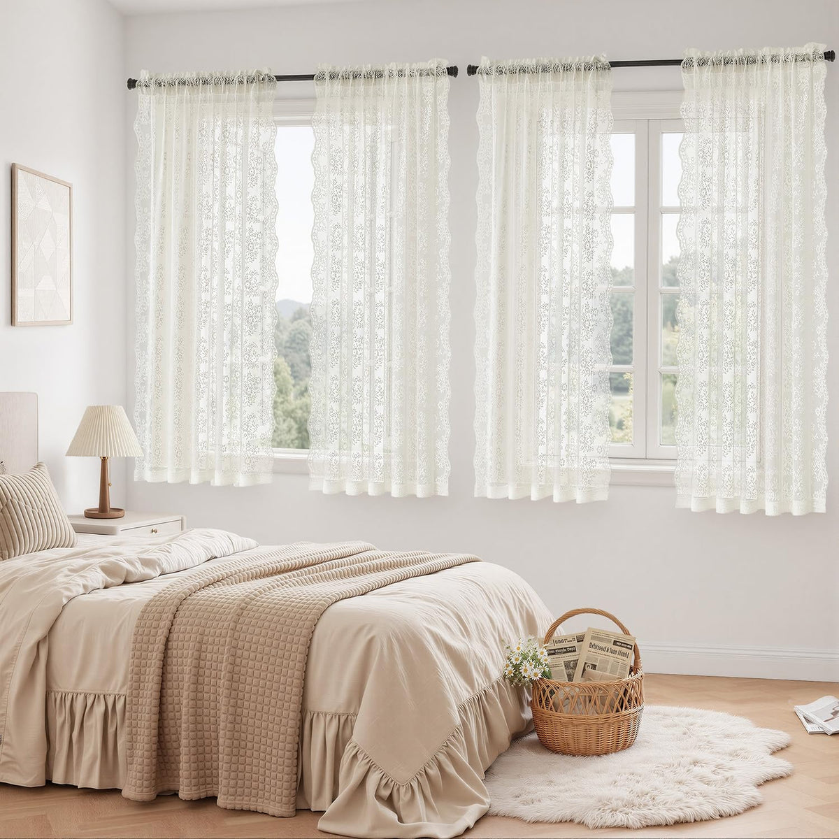 Woaboy wave-edge lace curtains add handcrafted charm to any room.