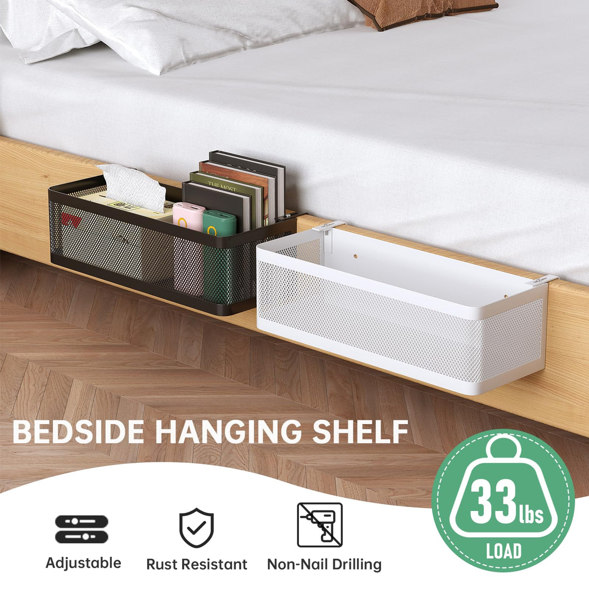 WOCHUANGSI Bedside Caddy Shelf with elevated guardrail prevents items from slipping